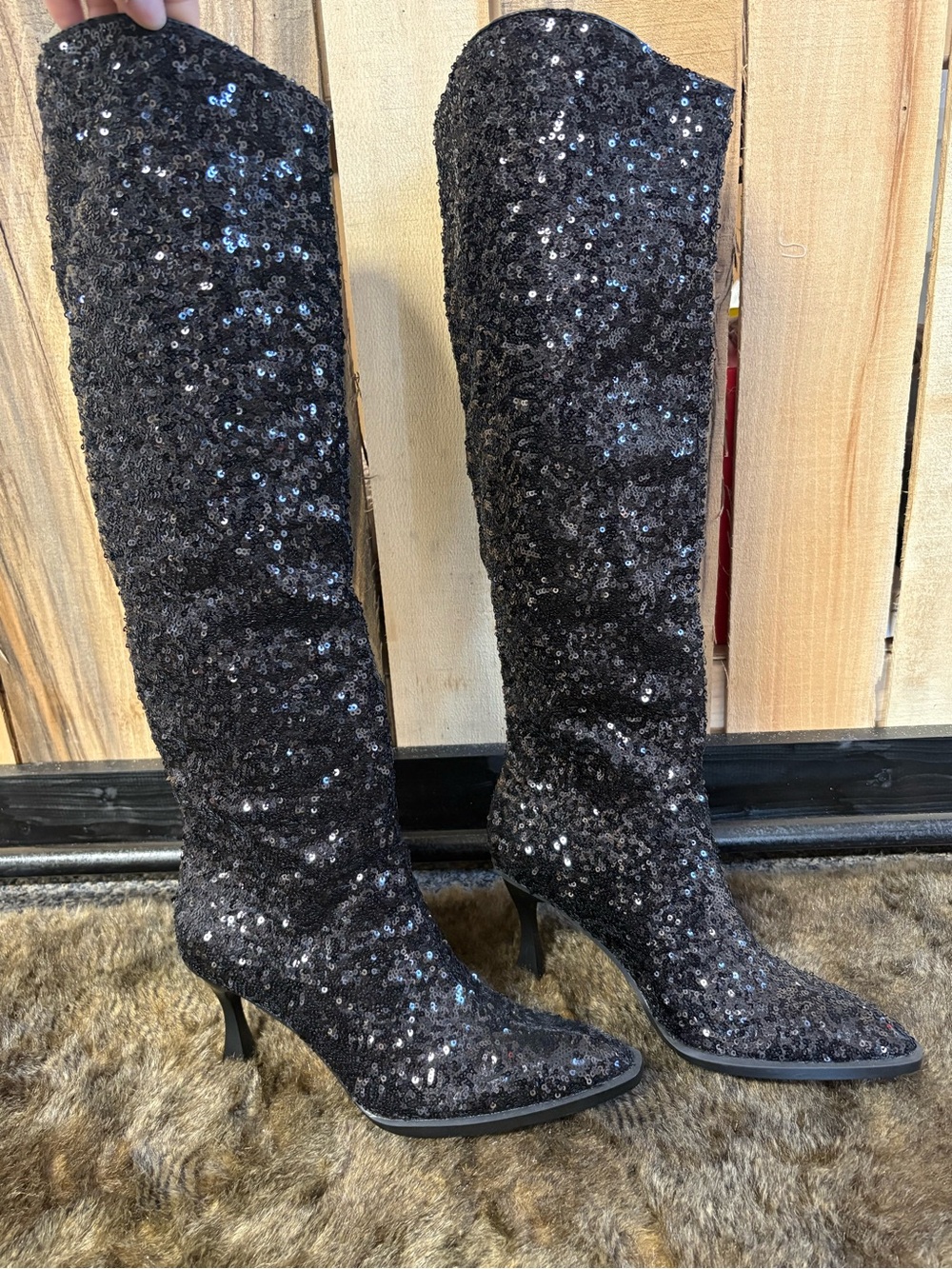Sequin Over-the-Knee Dress Boots in Black